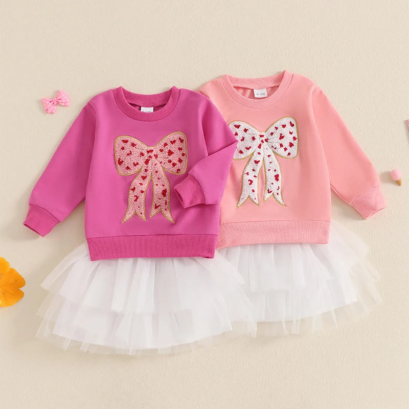 Girl Fall Outfit Bow Embroidery Long Sleeve Sweatshirt with A Line Tulle Skirt