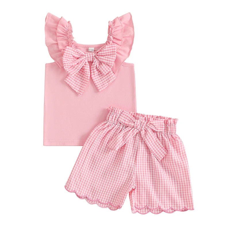Toddler Girl Summer Clothes Sleeveless Ruffled Tank Tops + Bow Decor Plaid Print Shorts 2Pcs Set