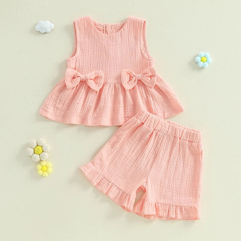 Toddler Baby Girl Summer Clothes Solid Color Bow Round Neck Tank Tops + Elastic Waist Ruffled Shorts Set
