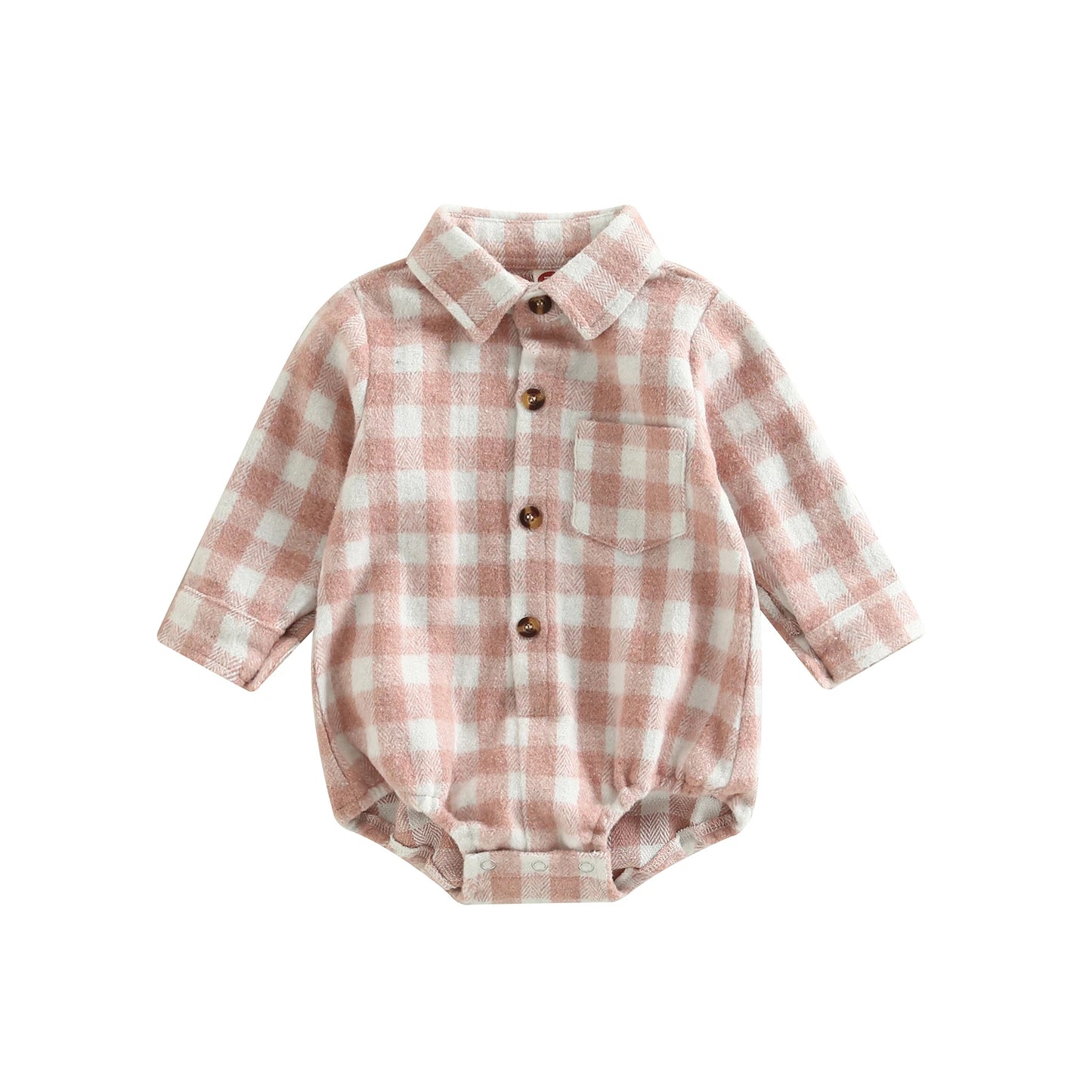 Baby Boy Bodysuit Long Sleeve Lapel Neck Plaid Print Button Up Jumpsuit