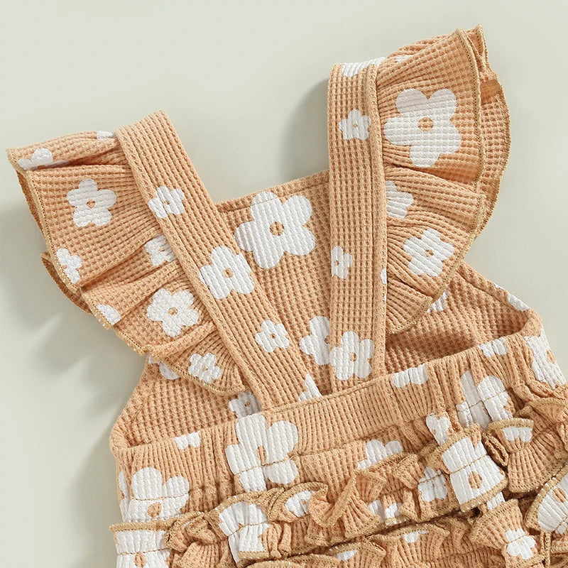 Infant Baby Girl Suspender Jumpsuit Set Floral Print Ruffled Flying Sleeve Bodysuit Headband