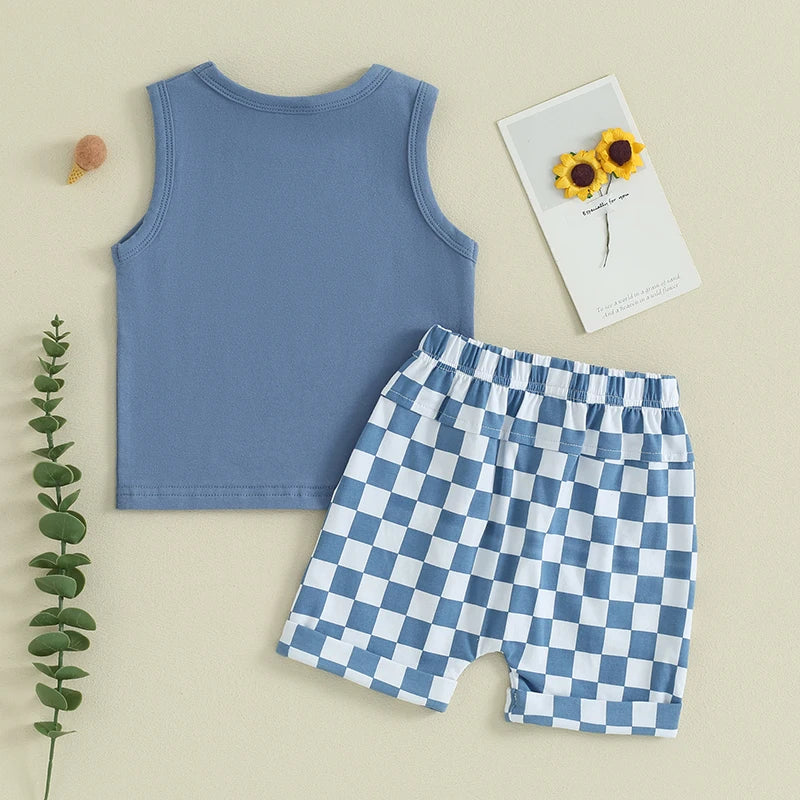 Summer Baby Boy Clothes Solid Sleeveless Tank Top Checkered Shorts 2Pcs Outfit Set