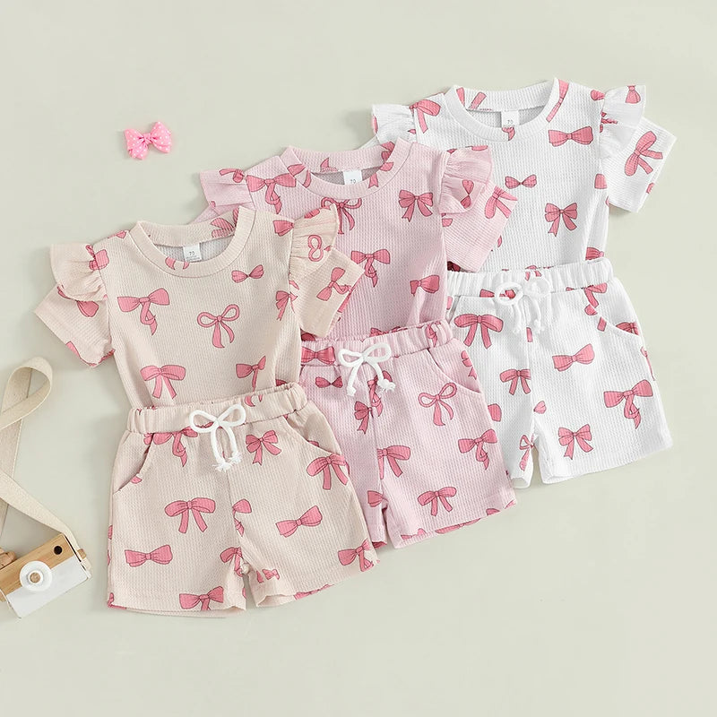 Toddler Girl Summer Clothes Bow Print Short Sleeve O-Neck T-Shirt with Elastic Waist Shorts Waffled Set