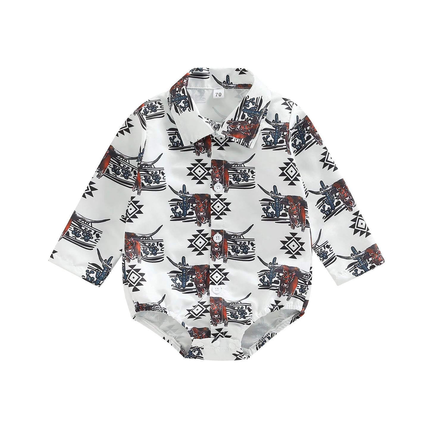 Baby Boys Long Sleeve Lapel Western Cattle/Horse Print Button Romper