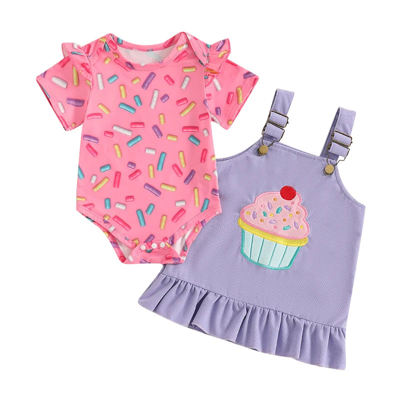 Summer Infant Baby Girls Outfits Short Sleeve Romper + Ruffle Overall Dress Set Casual Clothes