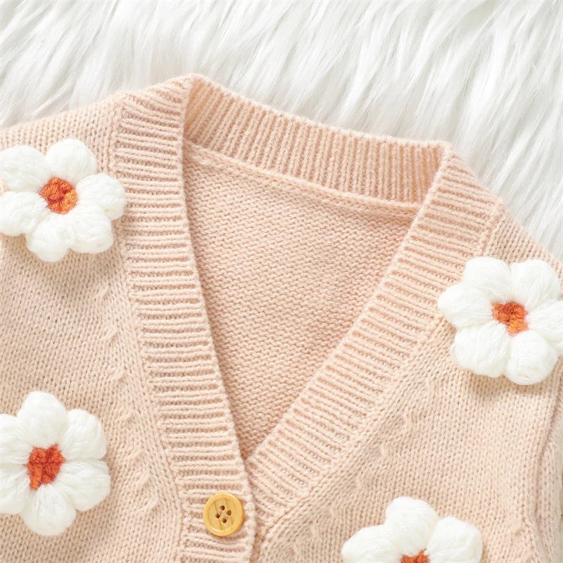 Winter Baby Girl Cardigan Long Sleeve V Neck Button Closure Flower Knit Sweater Baby Girl Sweater