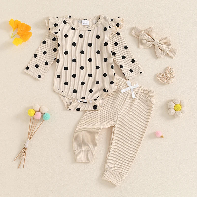 Baby Girls Fall Outfit, Long Sleeve Dots Print Romper with Pants and Bowknot Headband Clothing Set