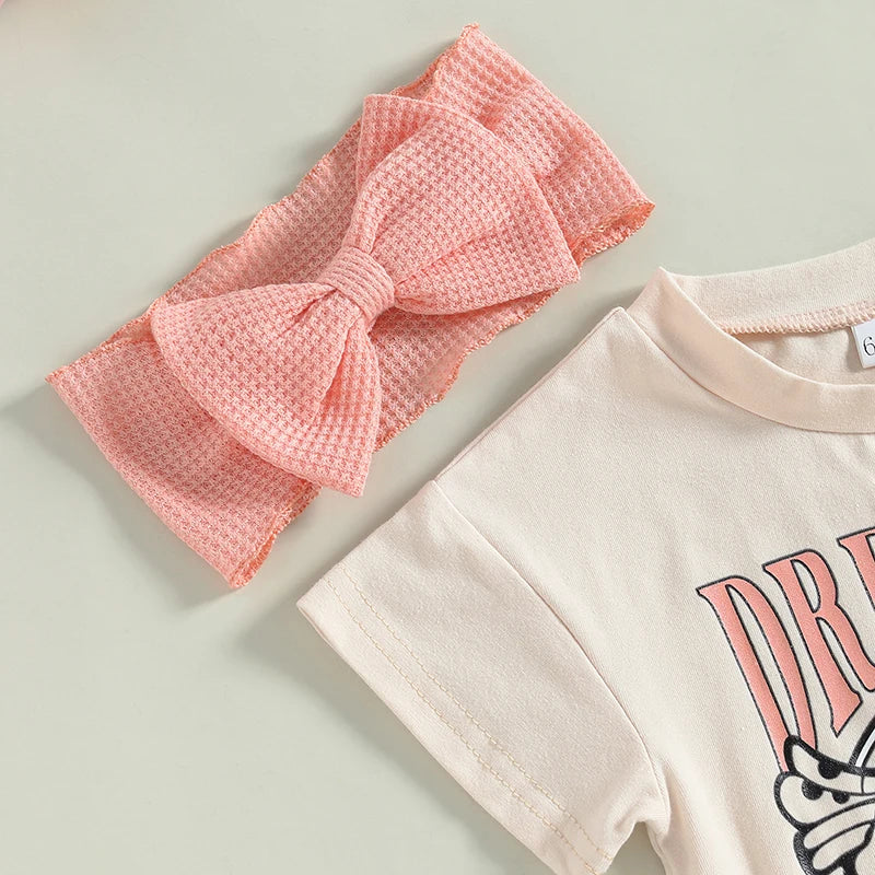 Infant Baby Girl 2Pcs Bodysuit Short Sleeve Letters Flower Print Jumpsuit Bowknot Headband
