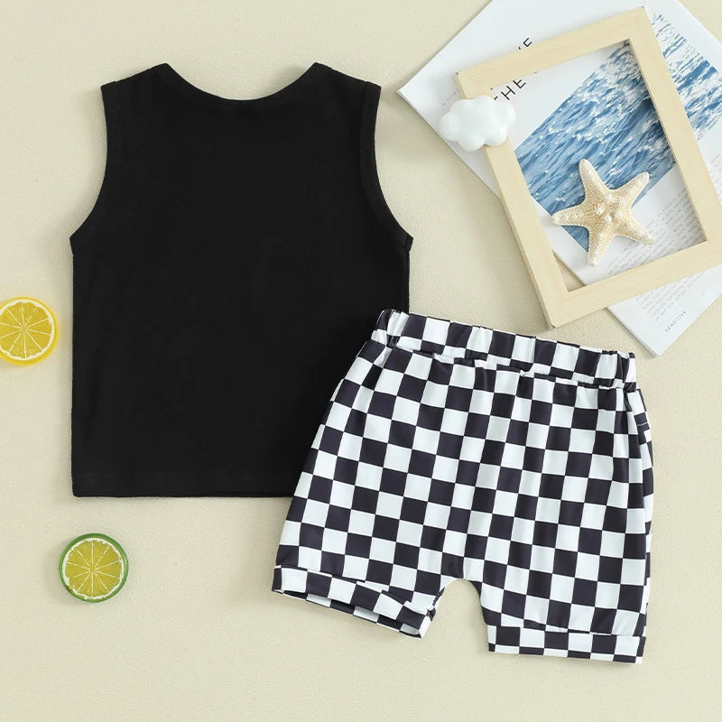 Toddler Boys Summer Outfits Letter Car Print Sleeveless Tank Tops and Checkerboard Elastic Waist Shorts Clothes Set