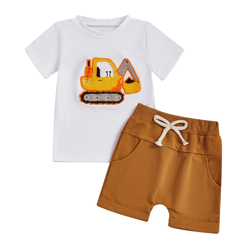 Toddler Boy Summer Outfit Tree/Excavator Embroidered Short Sleeve Round Neck T-Shirt +Solid Shorts 2Pcs Set