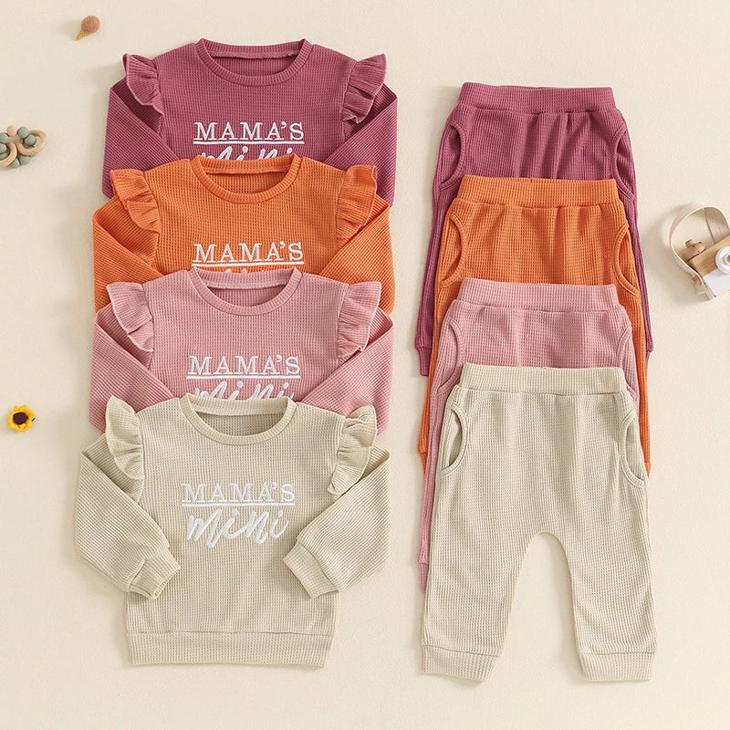 Girls Set Letter Embroidered Long Sleeve Ruffled Tops Elastic Waist Pockets Long Pants Outfits