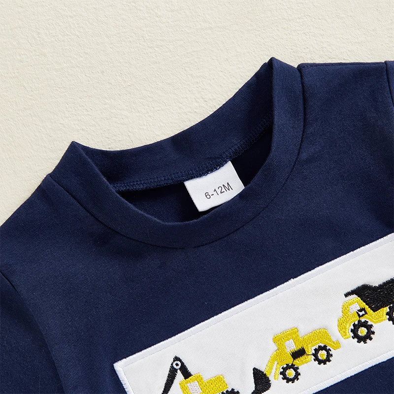 Toddler Baby Boy Shorts Set Tractor Embroidery Short Sleeve T-shirt Striped Shorts 2Pcs Summer Outfit