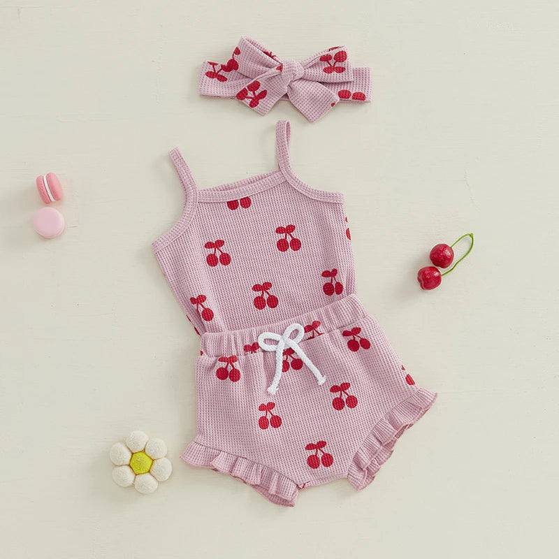 Summer Cute Baby Girls Shorts Outfits Sleeveless Cherry Print Romper Drawstring Shorts Headband Sets