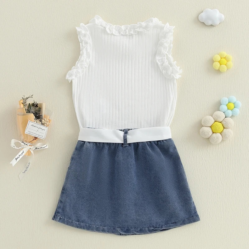 Toddler Kids Girl Outfit Solid Color Ruffles Tank Tops and Button Denim Skirt with Belt Set Summer Clothes