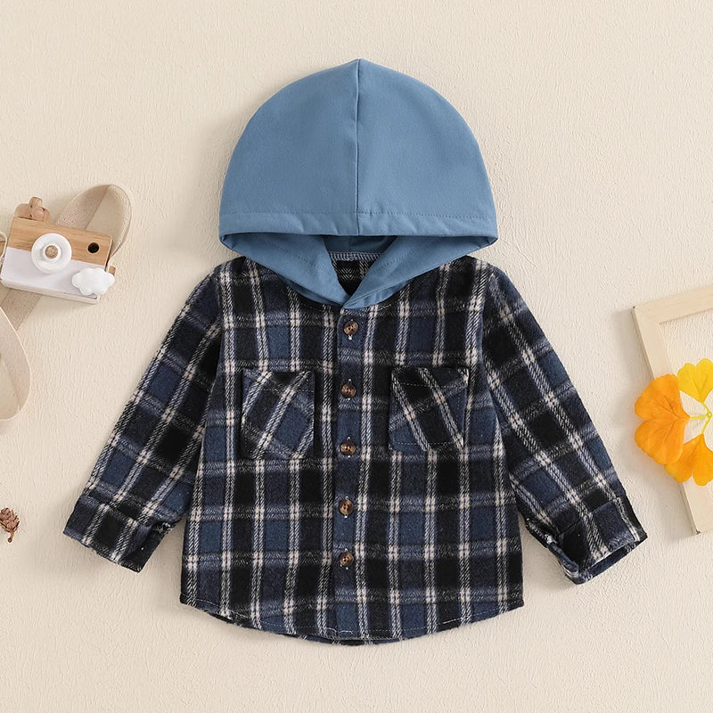 Toddler Baby Boys Plaid Pocket Button Long Sleeve Hooded Cardigan Jackets Tops Outwear