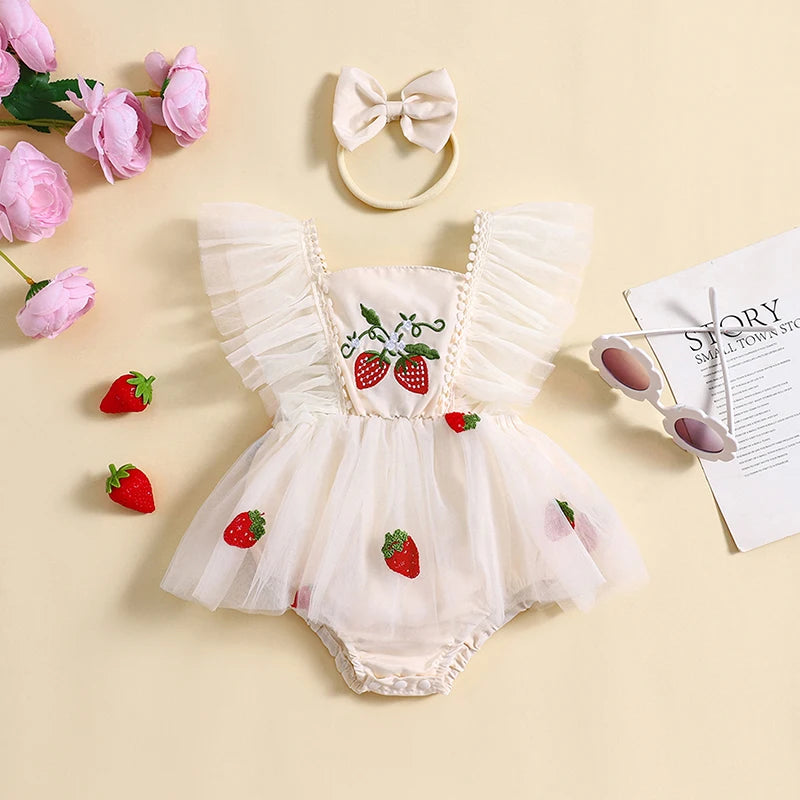 Baby Girls Summer Romper Dress Flying Sleeve Strawberry Embroidery Romper with Headband