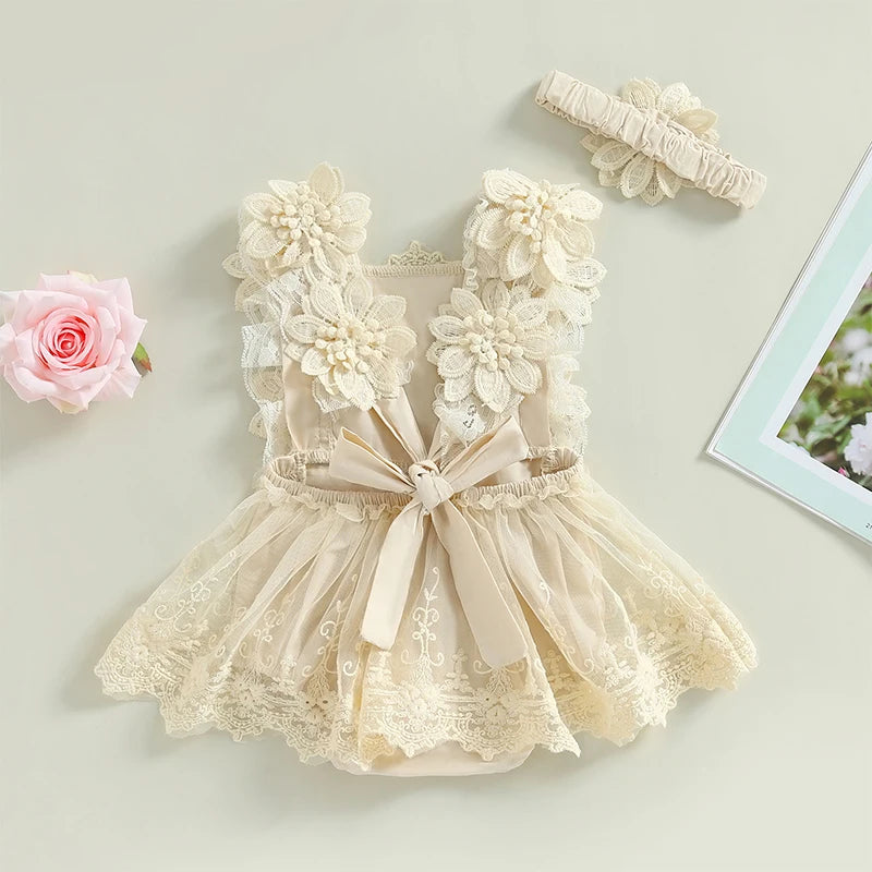 Baby Girls Bodysuit Summer Sleeveless Square Neck Floral Lace Bodysuit Tops Head Band