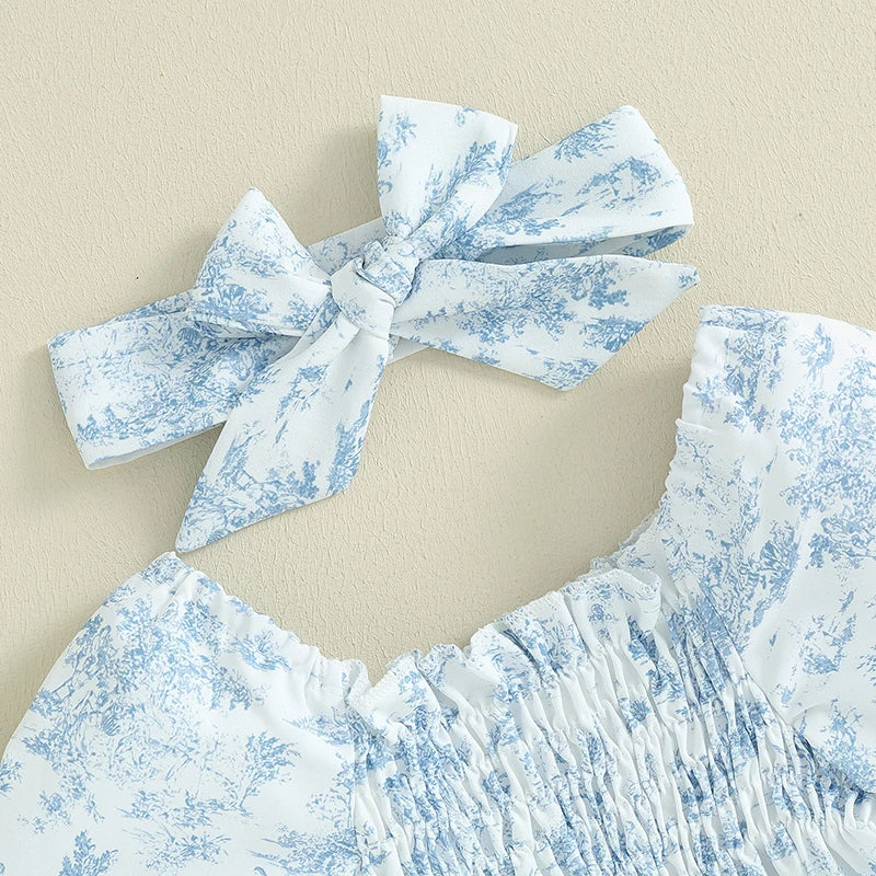 Summer Baby Girls Rompers Floral Print Ruched Puff Sleeve Clothes Infant Jumpsuits with Headband