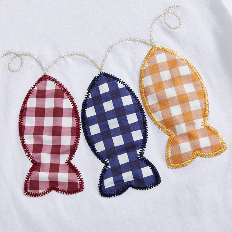 Summer Kid Boys Shorts Sets Short Sleeve O Neck Fish Embroidery Tops and Plaid Shorts Sets
