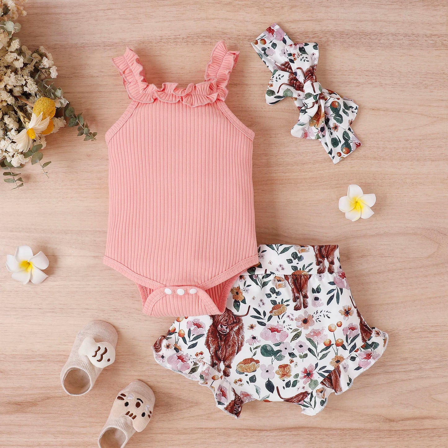 Infant Baby Girl 3Pcs Off Shoulder Romper Tops Bull Print Short Pants Head Band Summer Clothing