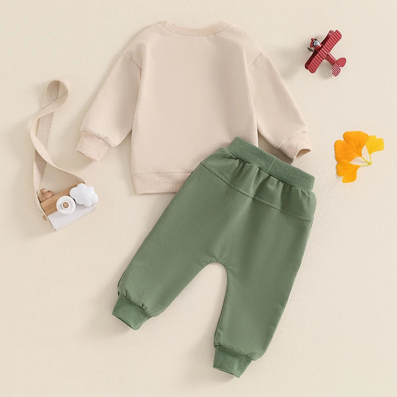 Baby Boy Fall Outfits Long Sleeve Tractor Letter Print Tops + Pants Set Toddler Winter Warm Clothes