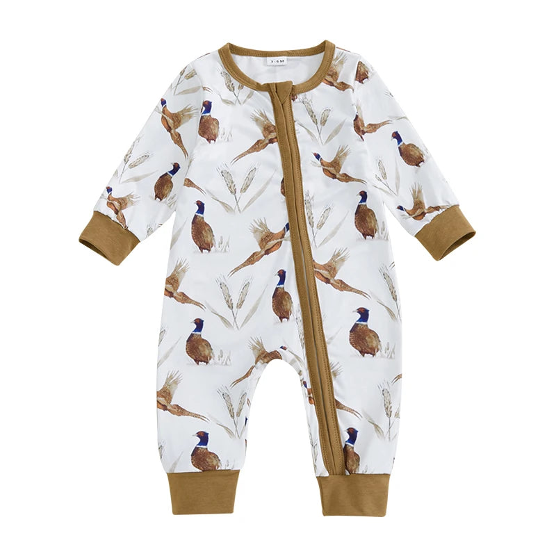 Baby Boys Romper Bird Pattern Zipper Closure Long Sleeve Crew Neck Jumpsuit