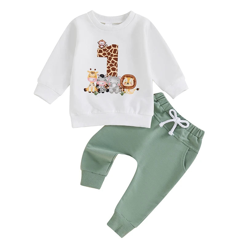 Baby Boy First Birthday Outfit, Animal Print Long Sleeve Sweatshirt Elastic Waist Pants Set for Fall