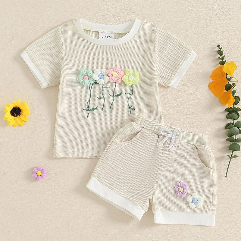 Toddler Girl Summer Waffled Clothes 3D Flower Short Sleeve Round Neck Tops Elastic Waist Shorts Outfit