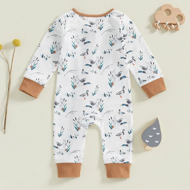 Baby Boy Romper Duck Print Zip Up Long Sleeve Round Neck Jumpsuit