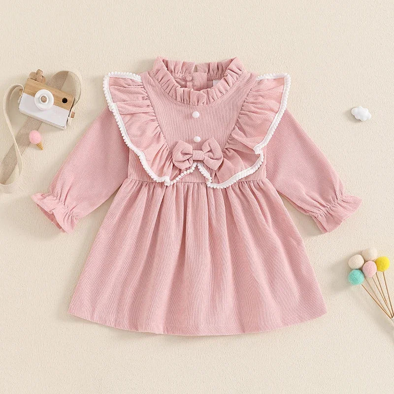 Autumn Spring Little Girl Corduroy Dress Mock Neck Ruffled Long Sleeve Bow Decor A-Line Dress