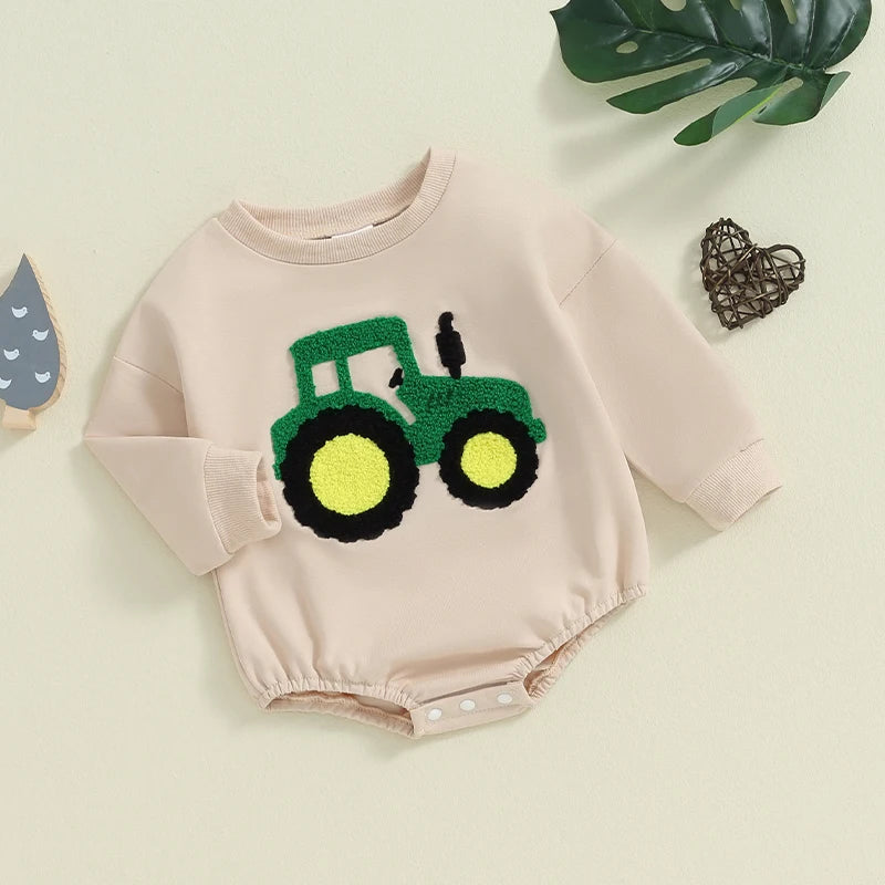 Baby Boys Romper Long Sleeve Crewneck Tractor Embroidery Casual Playsuit