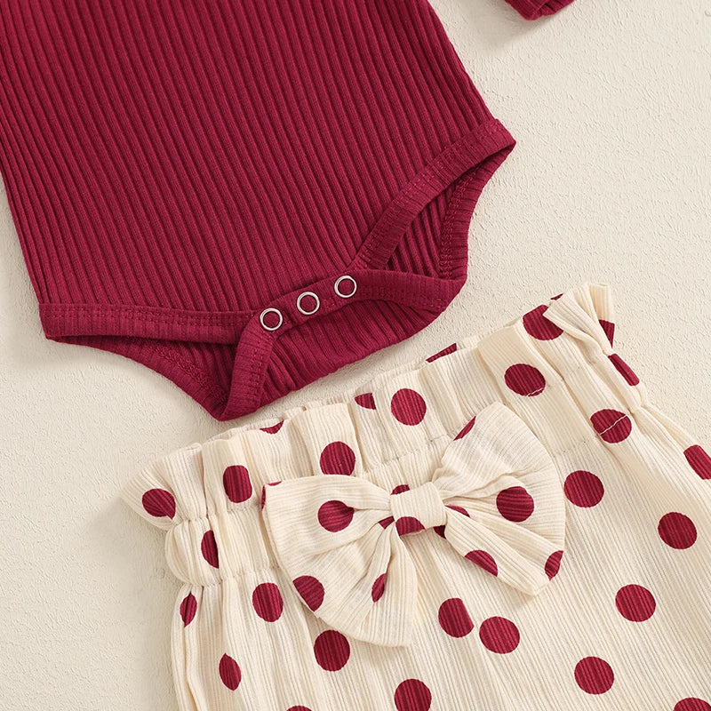 Baby Girl Fall Outfits Solid Color Crew Neck Long Sleeve Romper Dot Print Long Pants Headband 3Pcs Set