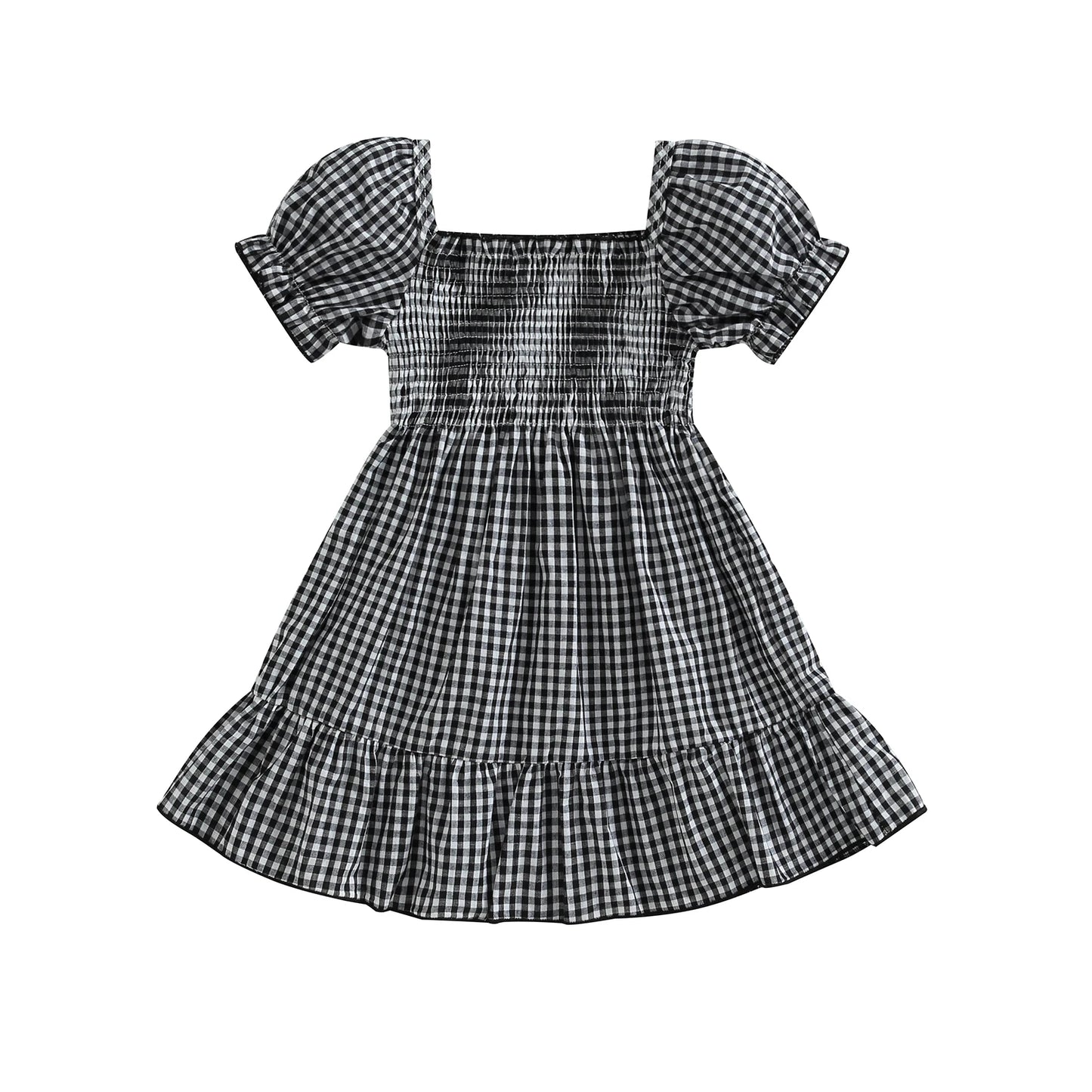 Summer Toddler Girls Sweet Dress Short Puff Sleeve Plaid Printed Ruffles Knee Length A-Line Dress