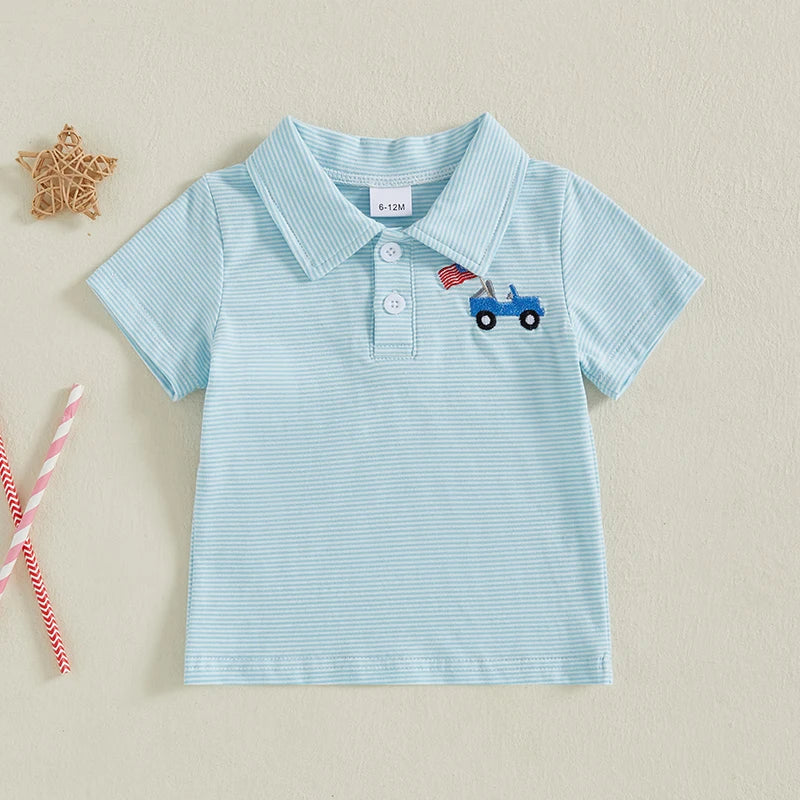 Toddler Baby Boy Embroidered Striped Collared Short Sleeve Summer Polo Top