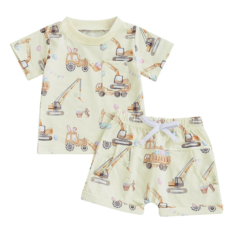 Toddler Boy Summer Outfits Excavator Print Round Neck Short Sleeve Tops with Elastic Waist Shorts Outfit