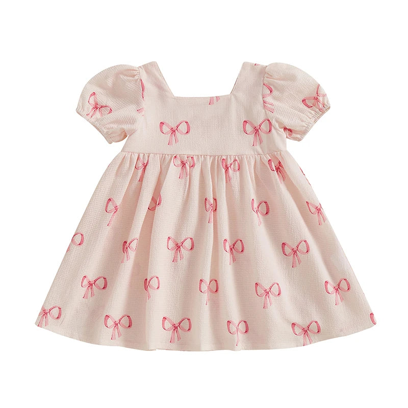 Toddler Girls Dress Bowknot Print Sqaure Neck Short Sleeve Casual Dress Baby Summer Dress