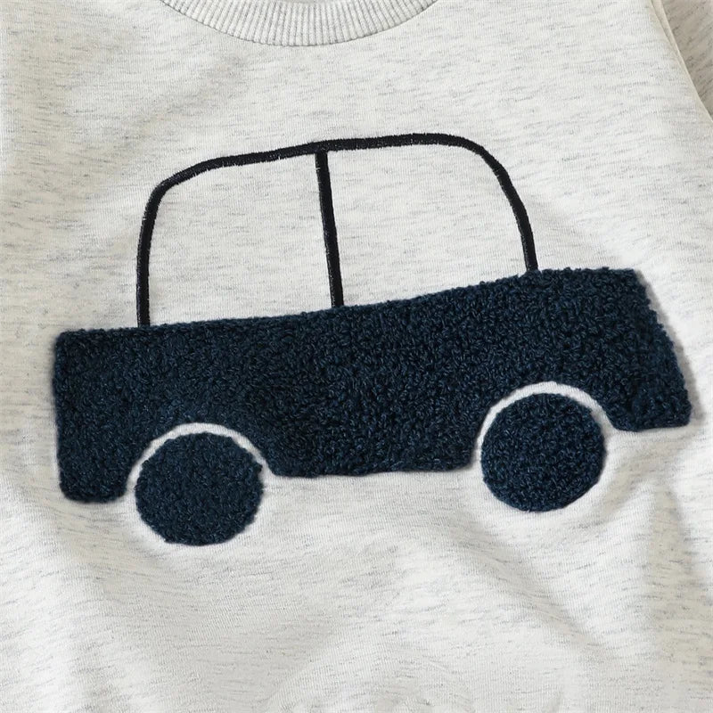 Toddler Baby Boy Outfit Car Embroidery Long Sleeve Pullover Sweatshirt Elastic Waist Pants 2 Piece Set