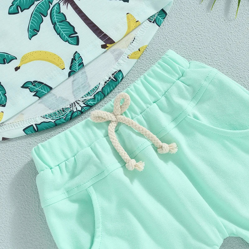 Toddler Baby Boy 2Pcs Summer Clothes Beach Tree Print Short Sleeve Crew Neck T-Shirts Shorts