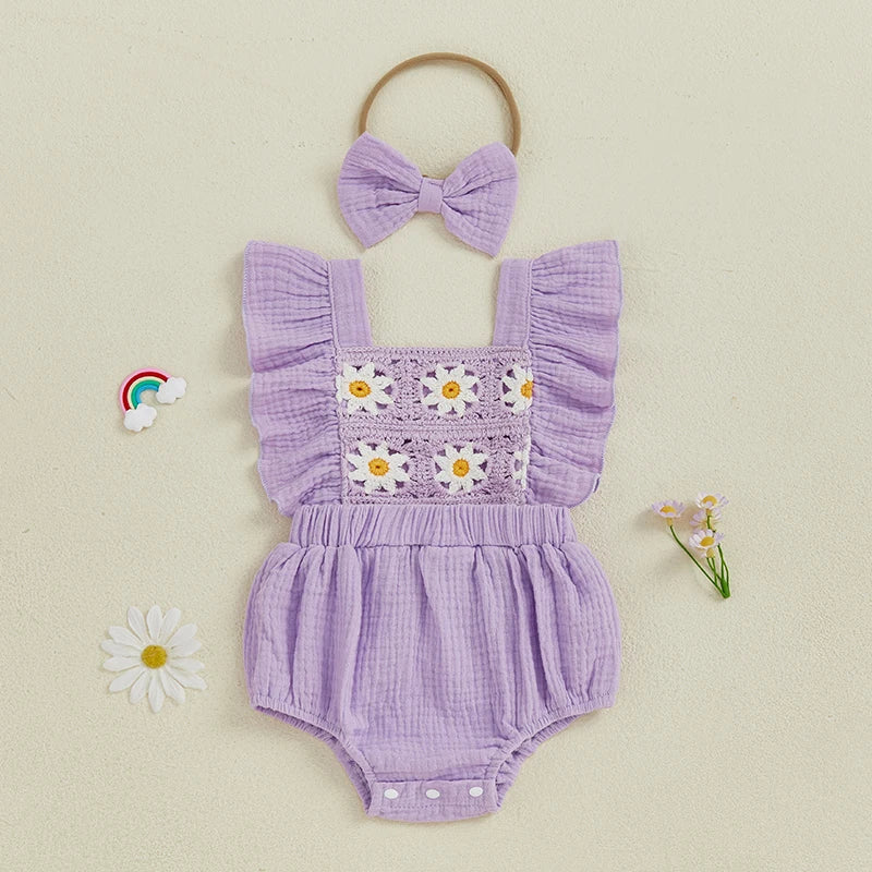 Summer Baby Girl Crochet Flower Romper Flying Sleeve Bodysuit with Bow Headband Outfit