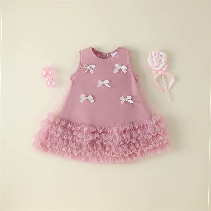 Toddler Kid Girls Dress Children Sleeveless Crew Neck Bow Tulle Dress Summer Casual Princess Dress A-line Dress