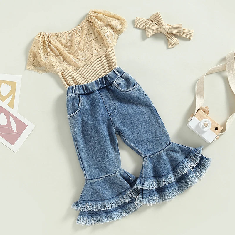 Infant Baby Girls 3Pcs Summer Pants Set Sleeveless Lace Patchwork Romper with Tasseled Flare Pants