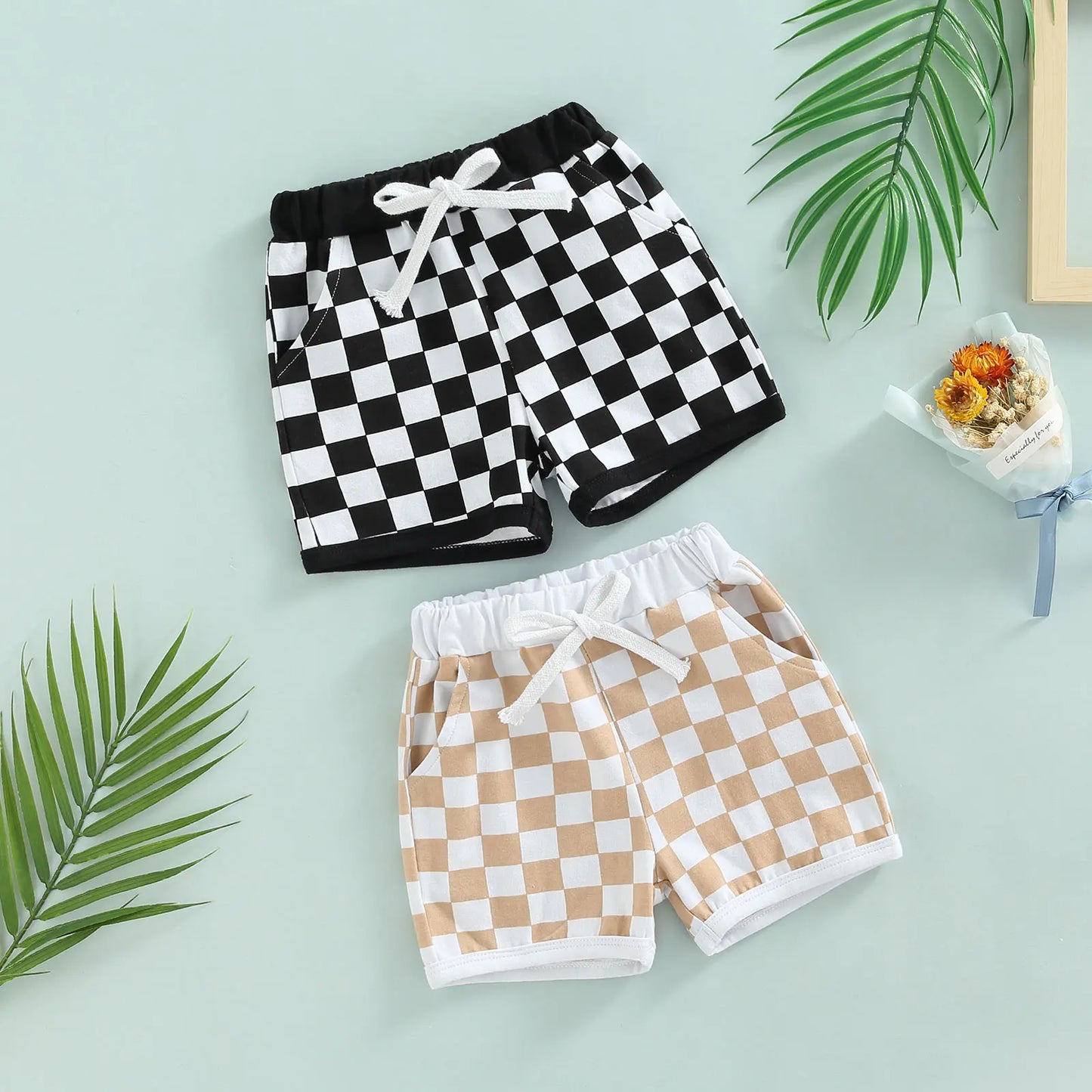 Toddler Baby Boys Elastic Shorts with Checkered Print 2 Colors