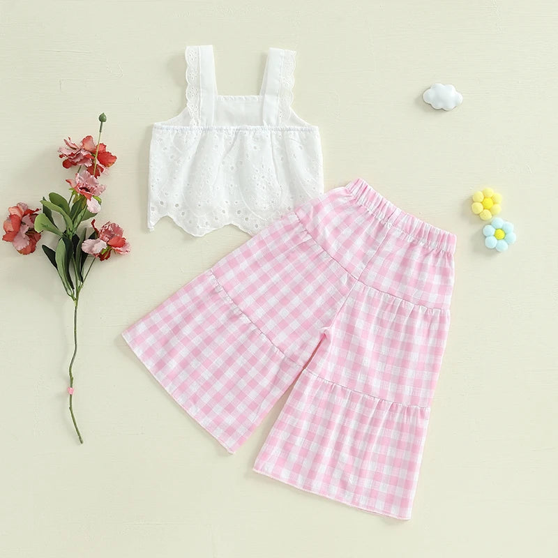Toddler Girl Summer Clothes Eyelet Embroidery Cami Tops+Elastic Waist Plaid Print Wide Leg Pants 2Pcs Set