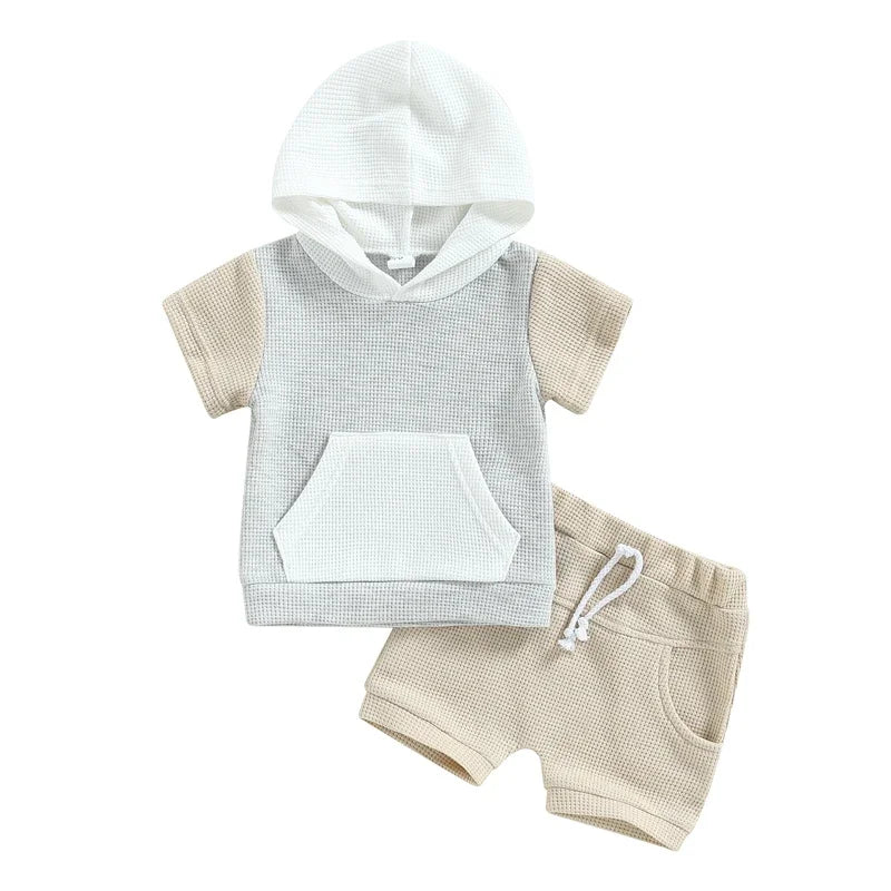 Toddler Baby 2Pcs Summer Outfits Short Sleeve Waffle Knit Pocket Hoodie Shorts Set