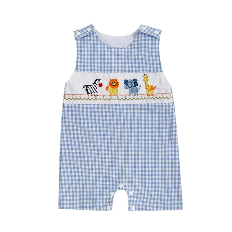 Baby Boys Romper Animal Embroidery Plaid Sleeveless Crew Neck Jumpsuit Summer Overalls