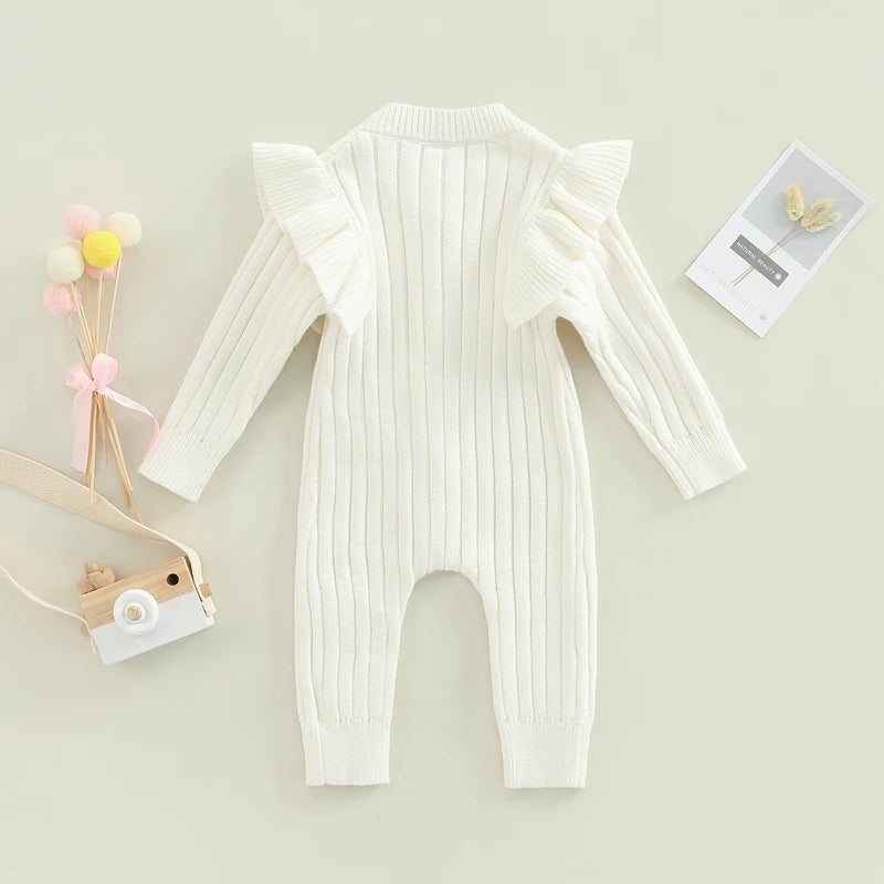 Baby Girl’s Knitted Long Sleeve Jumpsuit Fashion Solid Round Neck Button Casual Long Romper