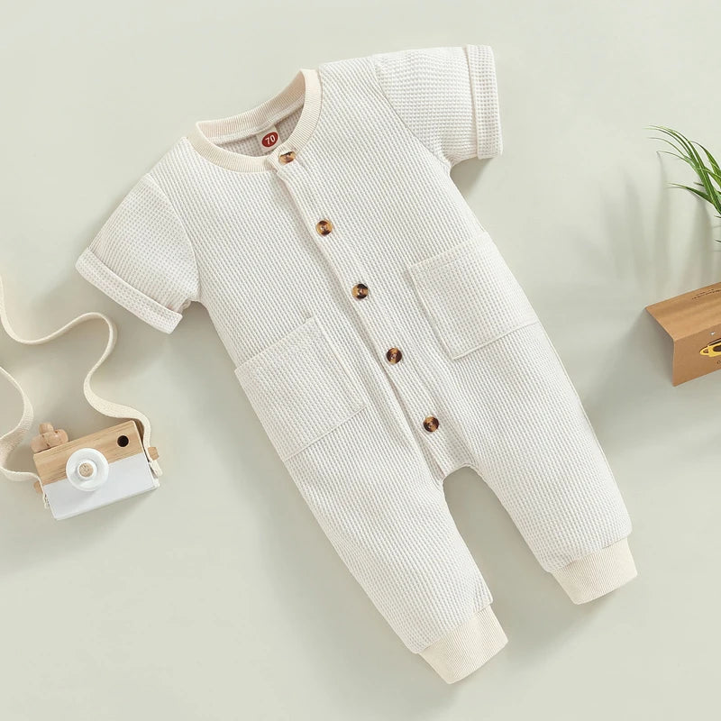 Baby Boys Jumpsuit Solid Color Short Sleeve O Neck Button Down Romper with Pockets