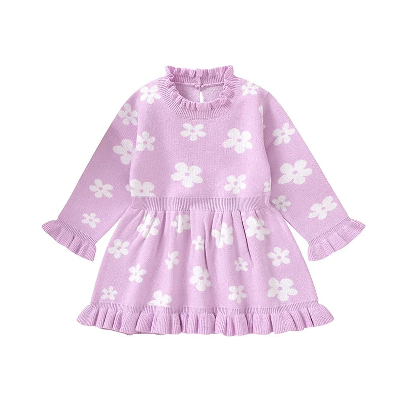 Toddler Kids Girl Long Sleeve Dress Casual Floral Print Ruffle Sweater A-Line Dress Baby Spring Clothes
