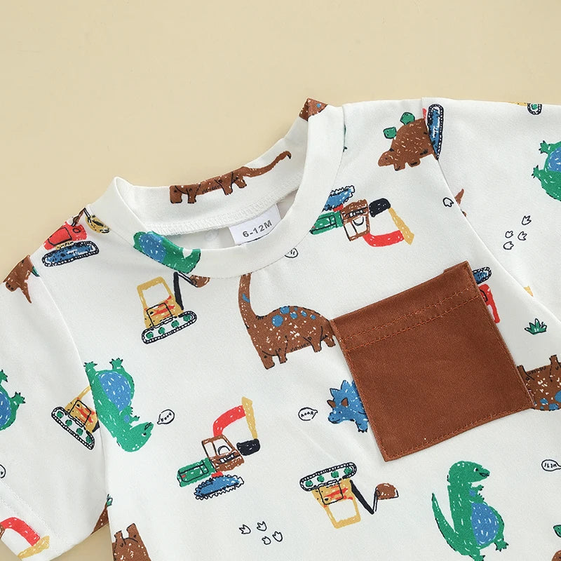 Toddler Boy Dinosaur Shorts Set Round Neck Short Sleeve Tops Pockets Elastic Waistband Short Outfit