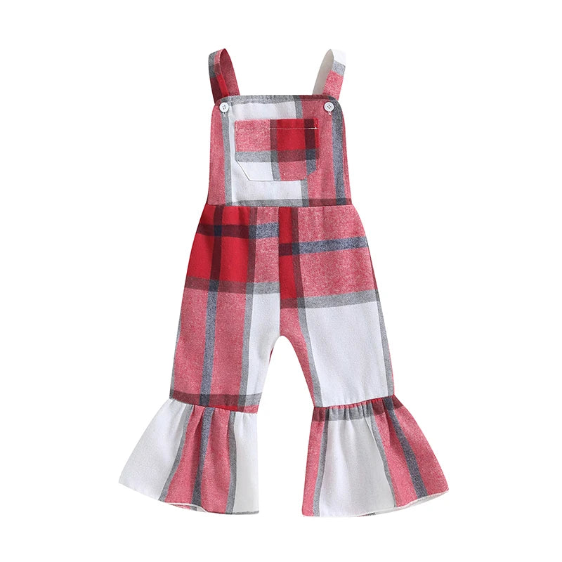 Little Girl Plaid Overalls Casual Square Neck Sleeveless Bell Bottom Jumpsuit for Fall